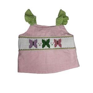Wish Upon a Star Pink and Green Gingham Smocked Butterfly Top - Size Kids 5